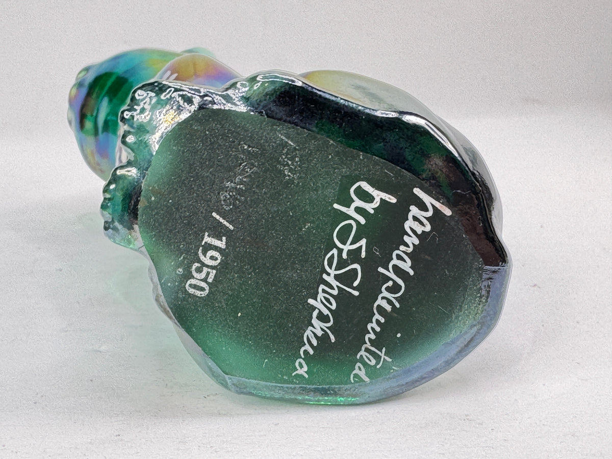 Vintage Fenton Green Carnival Iridescent Hand Painted Floral Glass Cat A1214