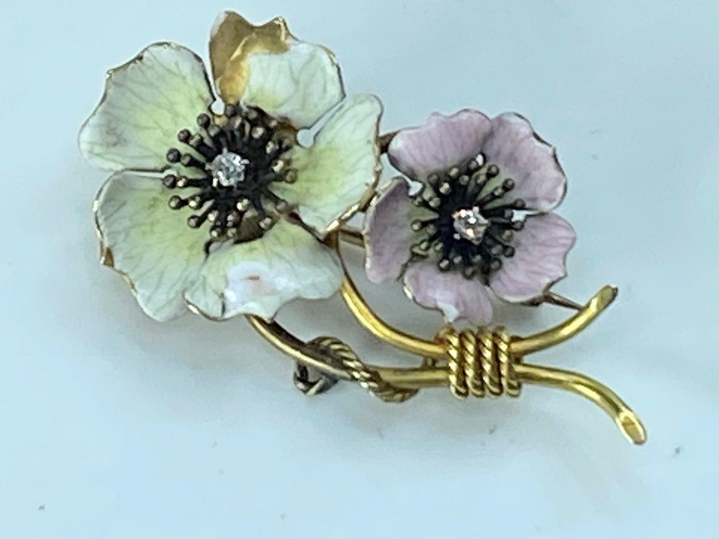 Victorian 18K Enamel Double Flowers and Diamond Brooch 7.1g 2 1/8" JR196