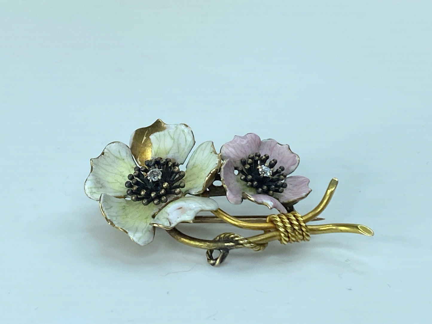 Victorian 18K Enamel Double Flowers and Diamond Brooch 7.1g 2 1/8" JR196