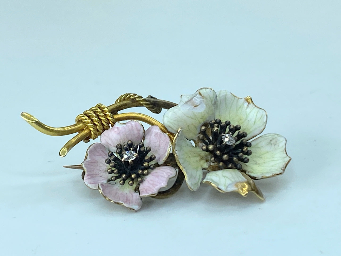 Victorian 18K Enamel Double Flowers and Diamond Brooch 7.1g 2 1/8" JR196