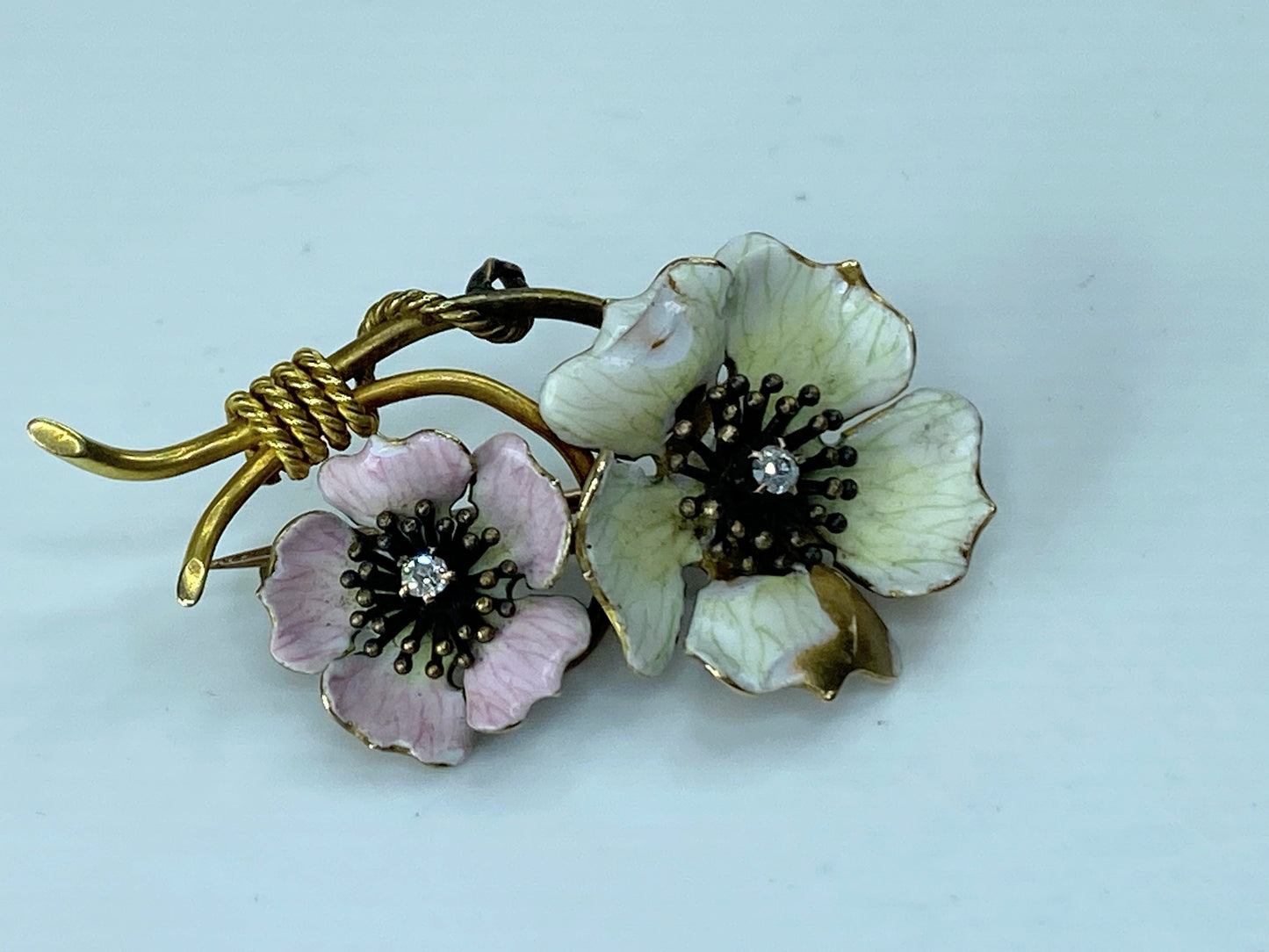 Victorian 18K Enamel Double Flowers and Diamond Brooch 7.1g 2 1/8" JR196