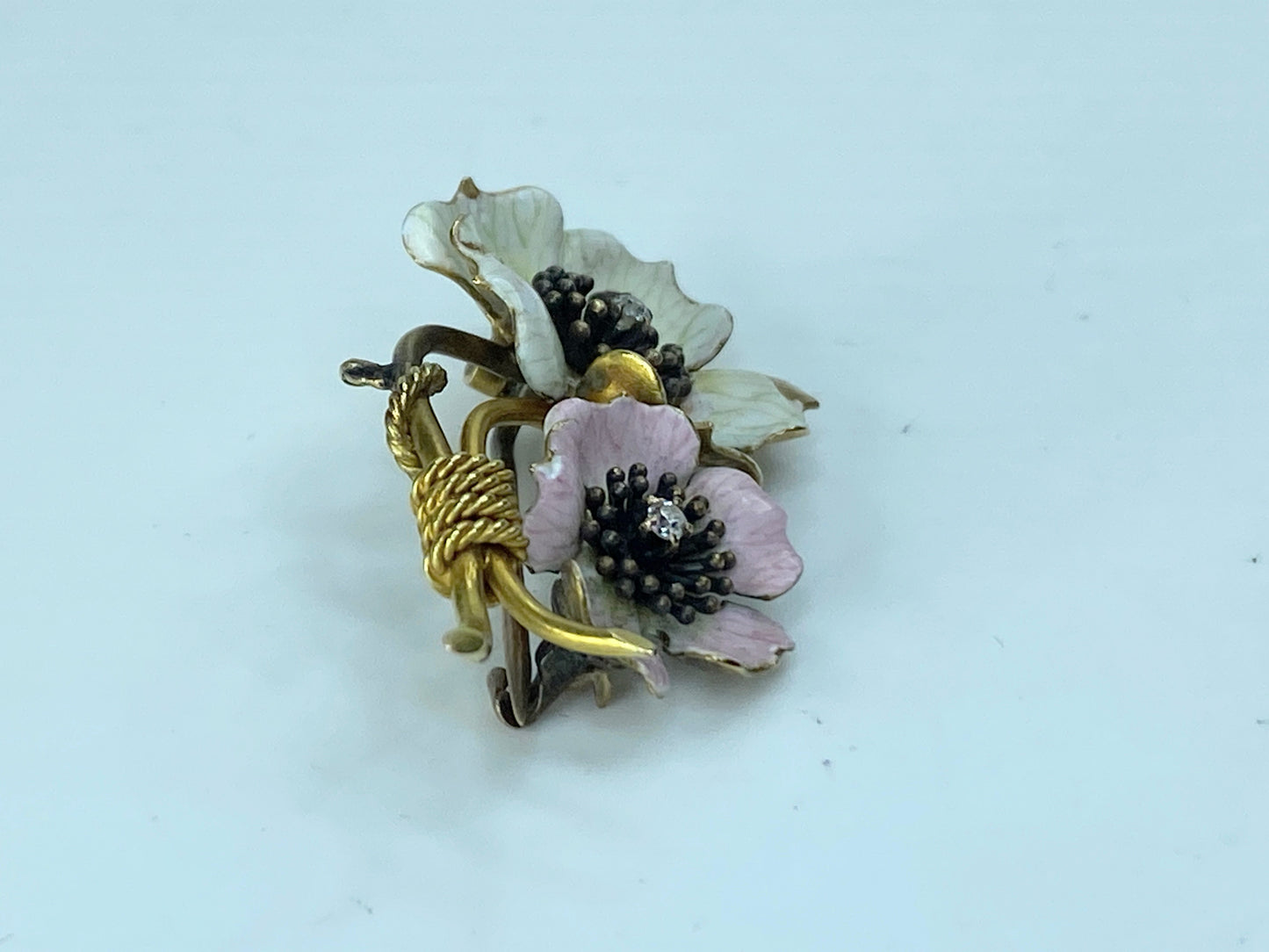 Victorian 18K Enamel Double Flowers and Diamond Brooch 7.1g 2 1/8" JR196