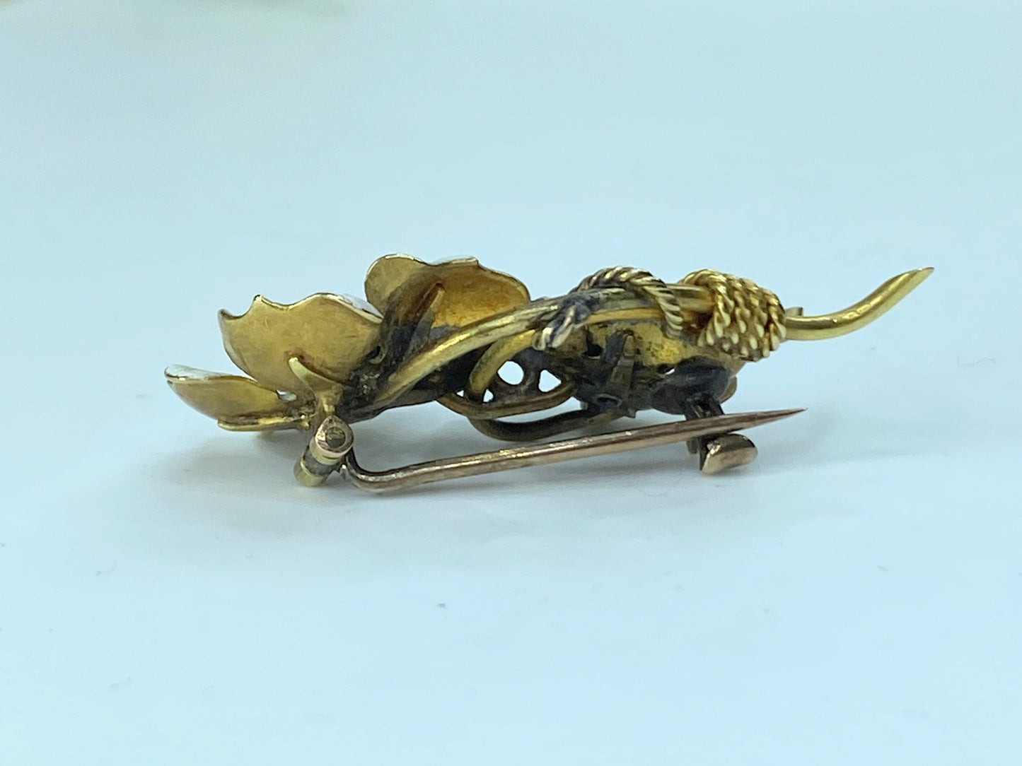 Victorian 18K Enamel Double Flowers and Diamond Brooch 7.1g 2 1/8" JR196