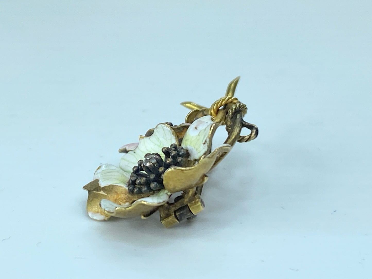 Victorian 18K Enamel Double Flowers and Diamond Brooch 7.1g 2 1/8" JR196
