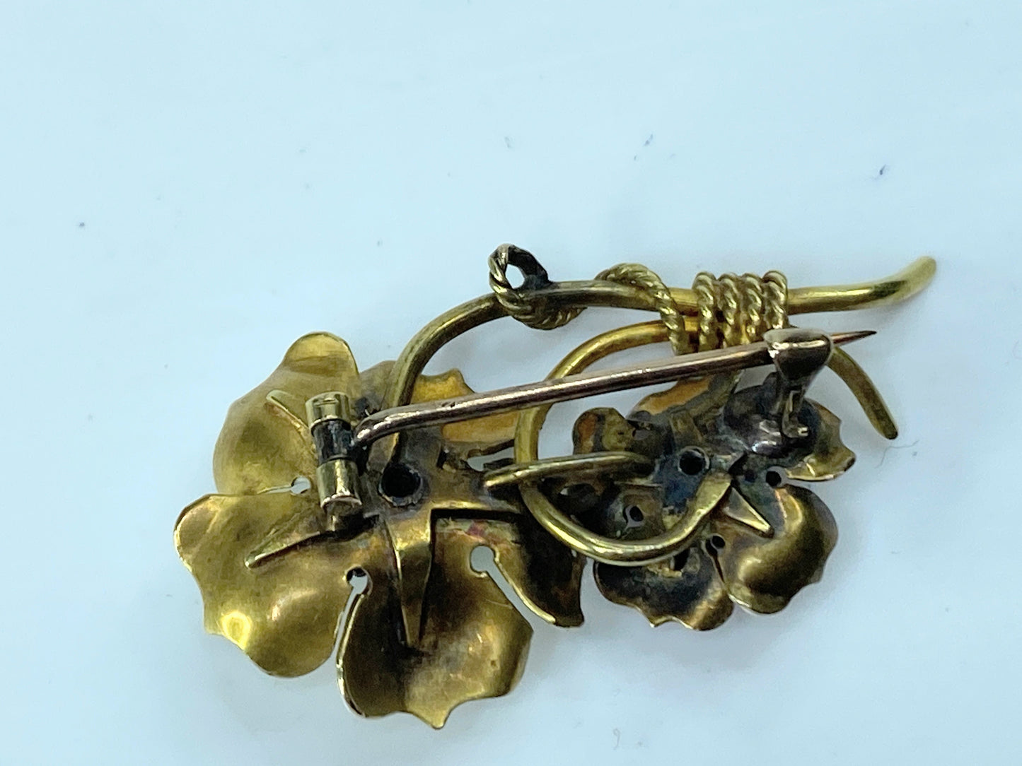Victorian 18K Enamel Double Flowers and Diamond Brooch 7.1g 2 1/8" JR196