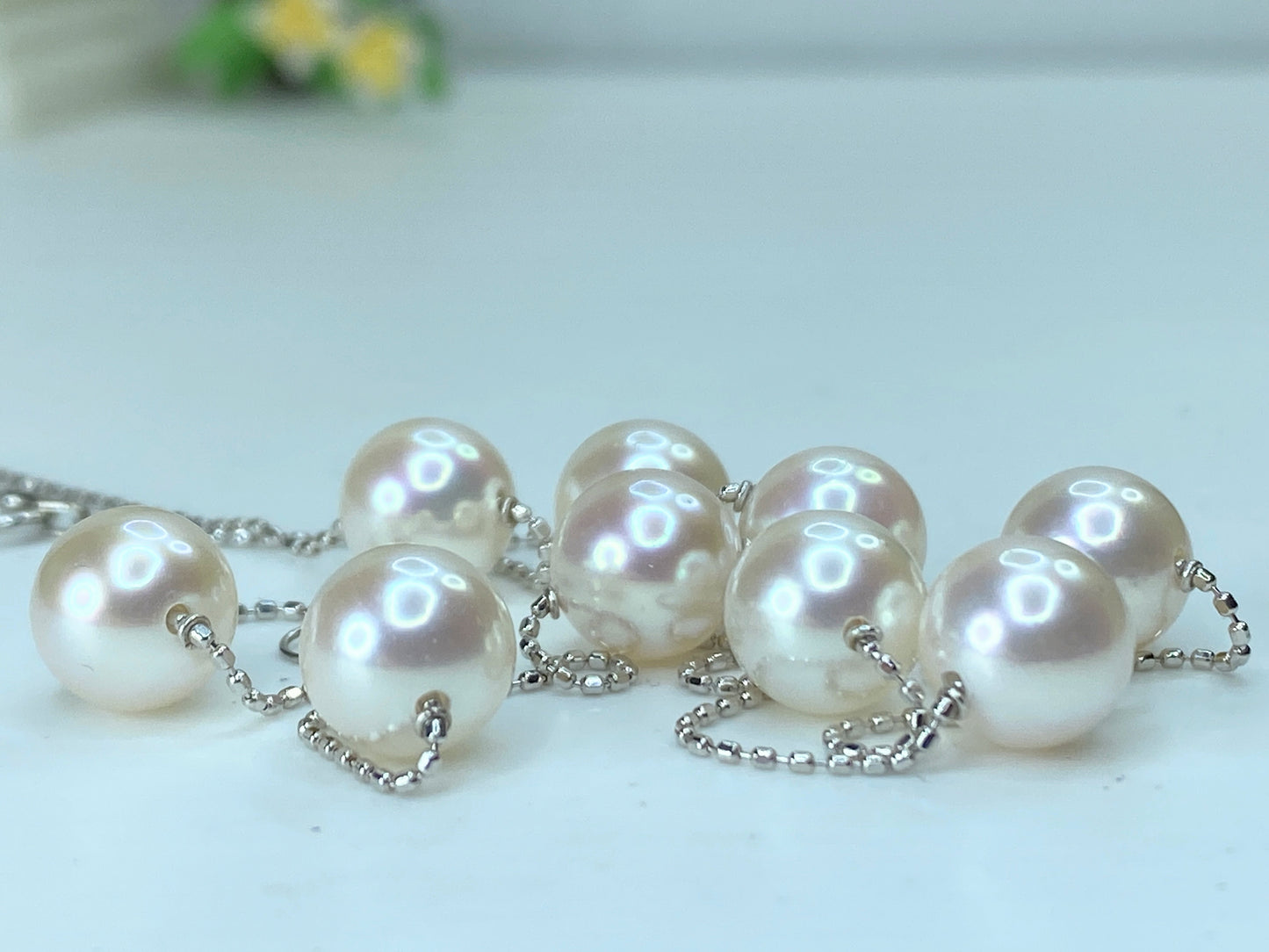 Platinum 18K yellow gold 8.0mm Station Cultured Pearl fancy bead necklace JR197
