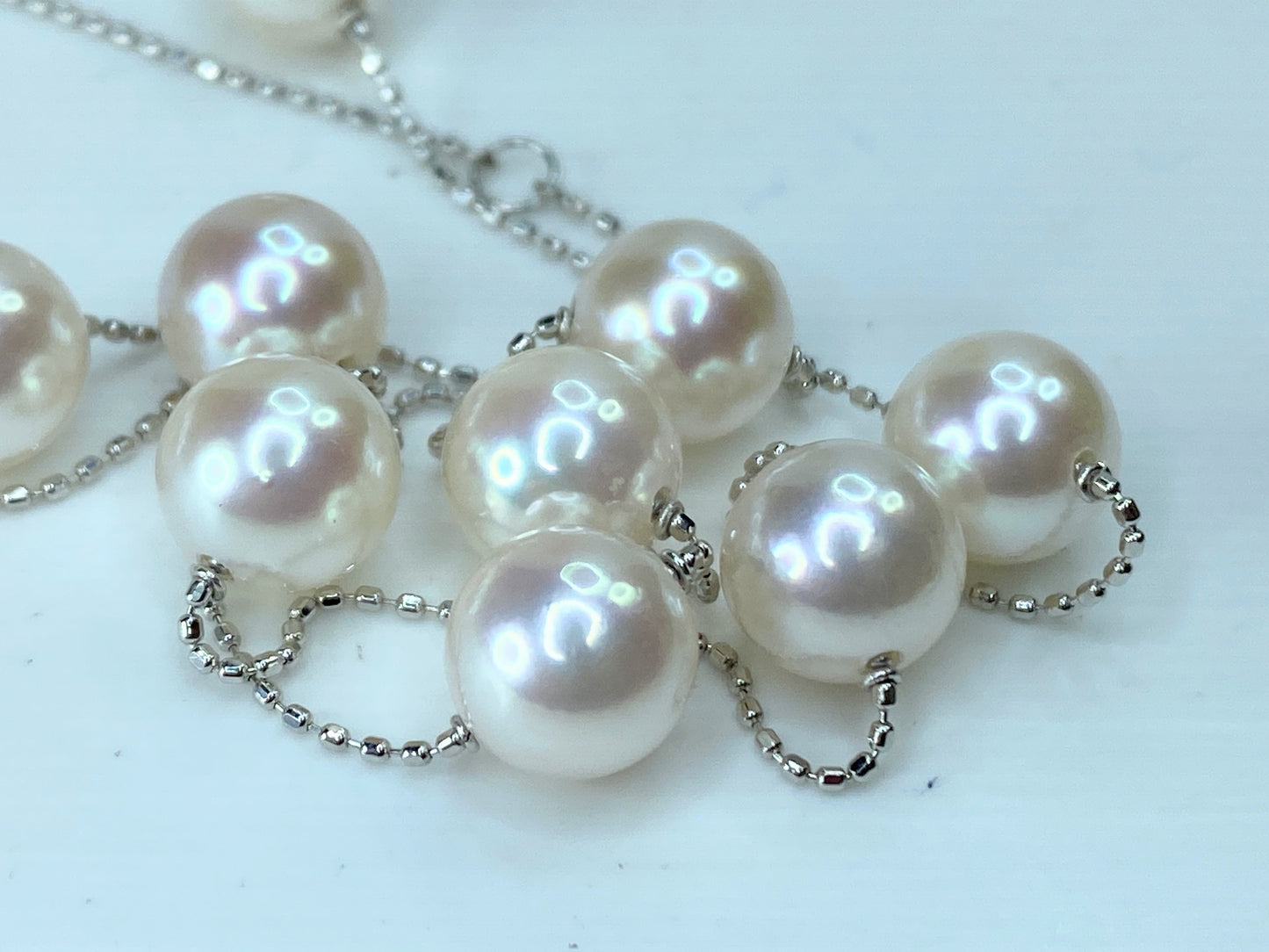 Platinum 18K yellow gold 8.0mm Station Cultured Pearl fancy bead necklace JR197