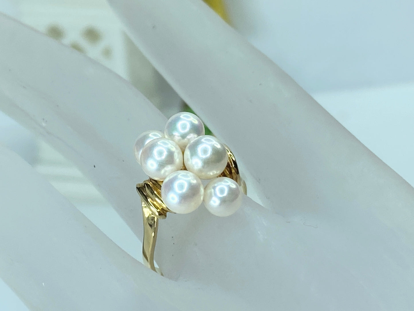 18K yellow gold 5.8mm 5 Akoya Cultured Pearls cluster ring 3.9g s6.75 JR202