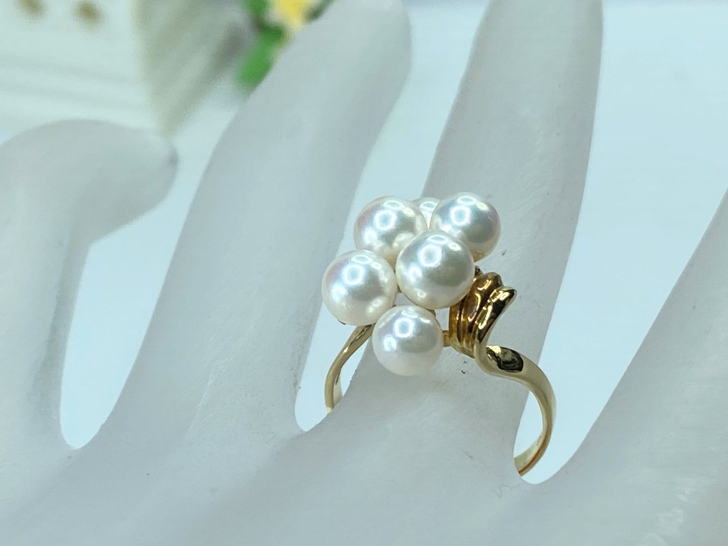 18K yellow gold 5.8mm 5 Akoya Cultured Pearls cluster ring 3.9g s6.75 JR202