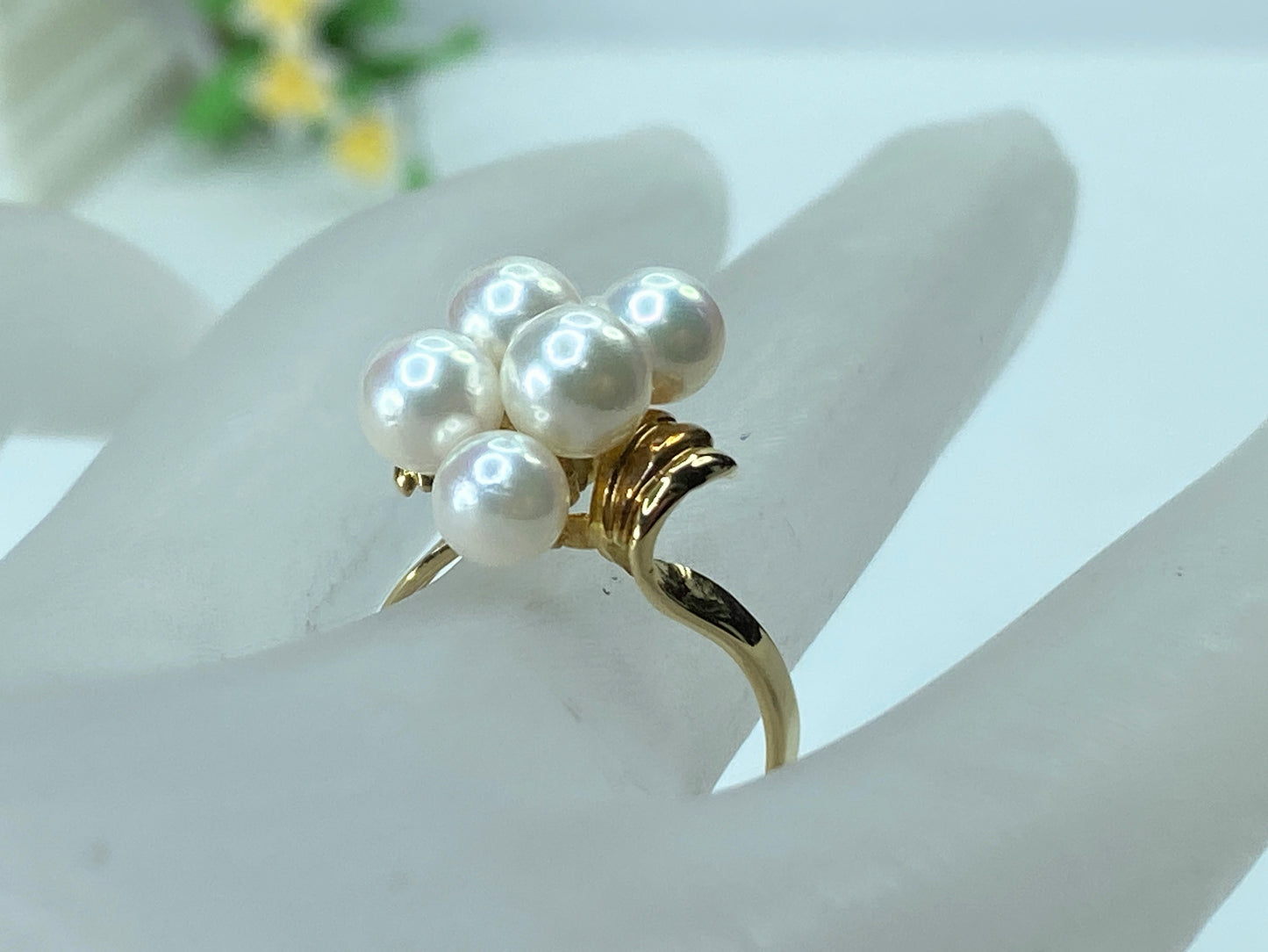 18K yellow gold 5.8mm 5 Akoya Cultured Pearls cluster ring 3.9g s6.75 JR202