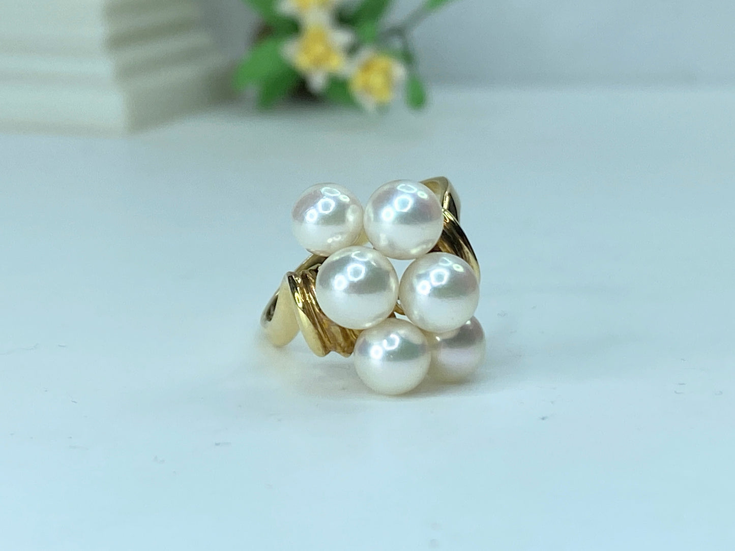 18K yellow gold 5.8mm 5 Akoya Cultured Pearls cluster ring 3.9g s6.75 JR202