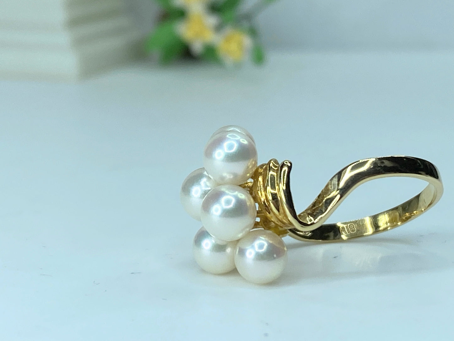 18K yellow gold 5.8mm 5 Akoya Cultured Pearls cluster ring 3.9g s6.75 JR202