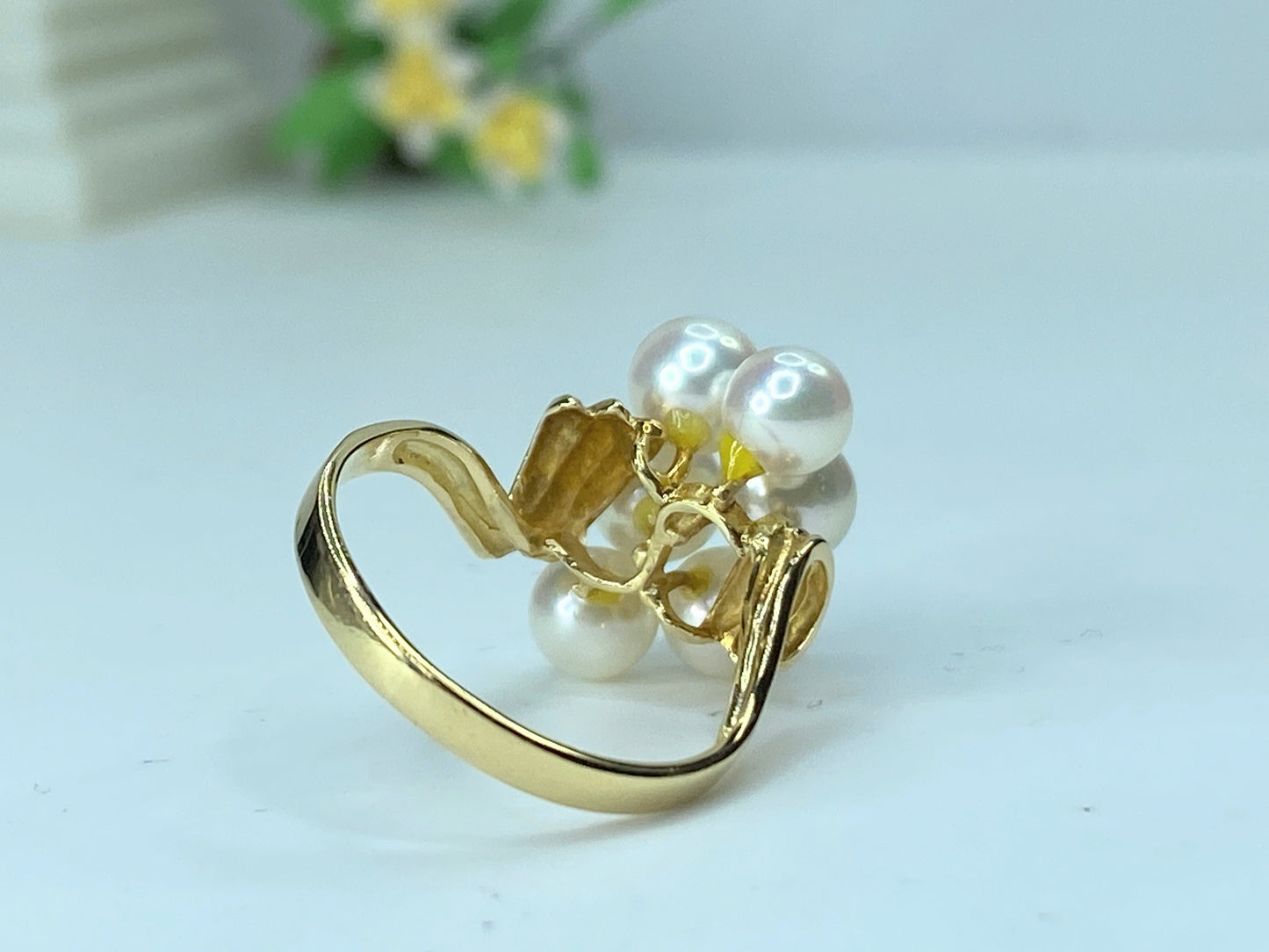 18K yellow gold 5.8mm 5 Akoya Cultured Pearls cluster ring 3.9g s6.75 JR202