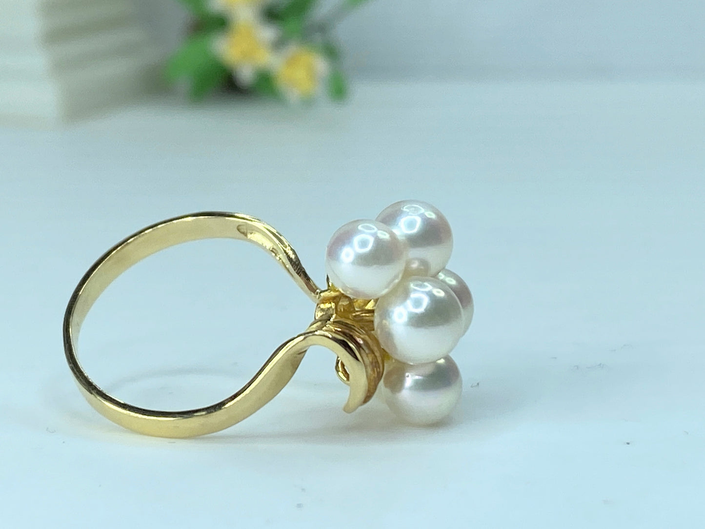 18K yellow gold 5.8mm 5 Akoya Cultured Pearls cluster ring 3.9g s6.75 JR202