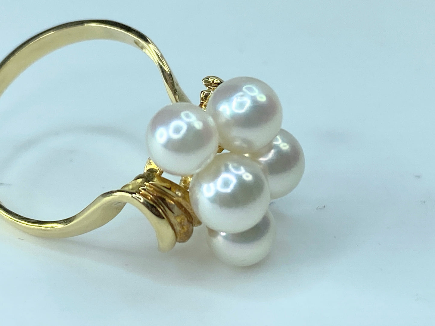 18K yellow gold 5.8mm 5 Akoya Cultured Pearls cluster ring 3.9g s6.75 JR202