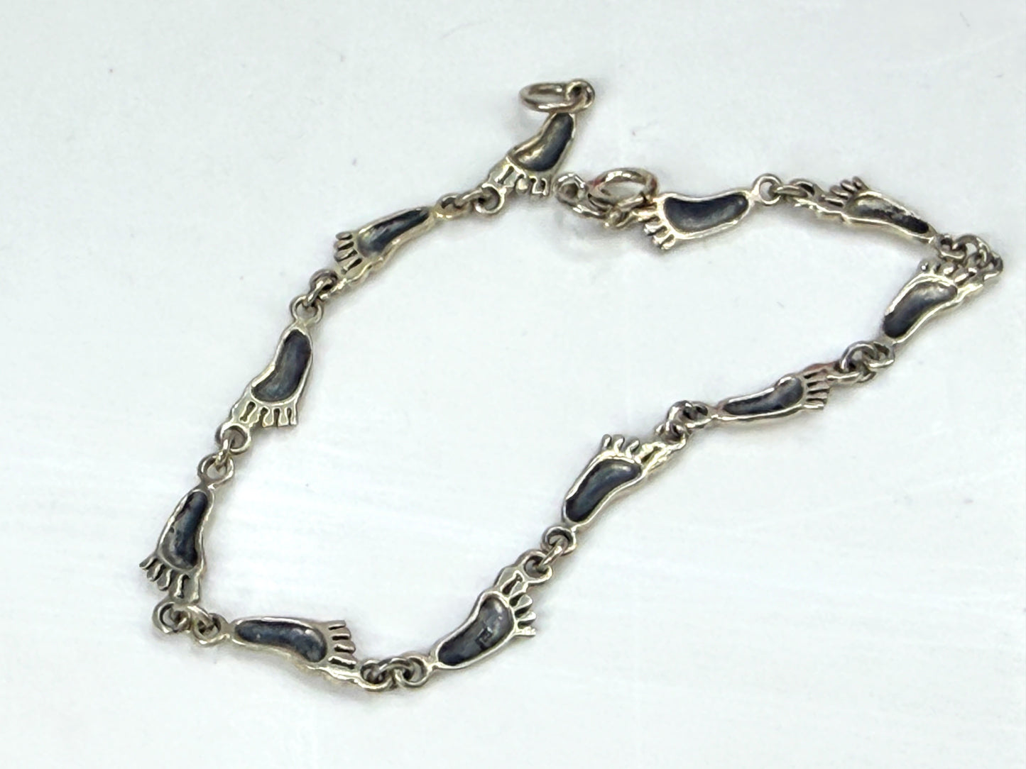 Vintage Sterling Silver Footprint Link Bracelet Figural Feet 7.5" JR1975