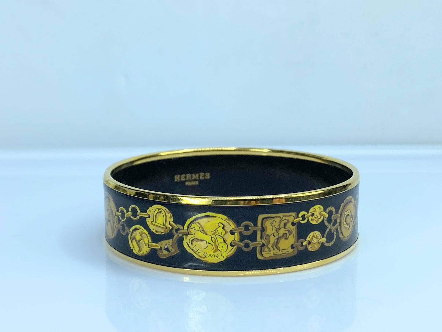 Hermès Black Wide Enamel Cheval Et Harnais Bangle 20mm 8" GS549