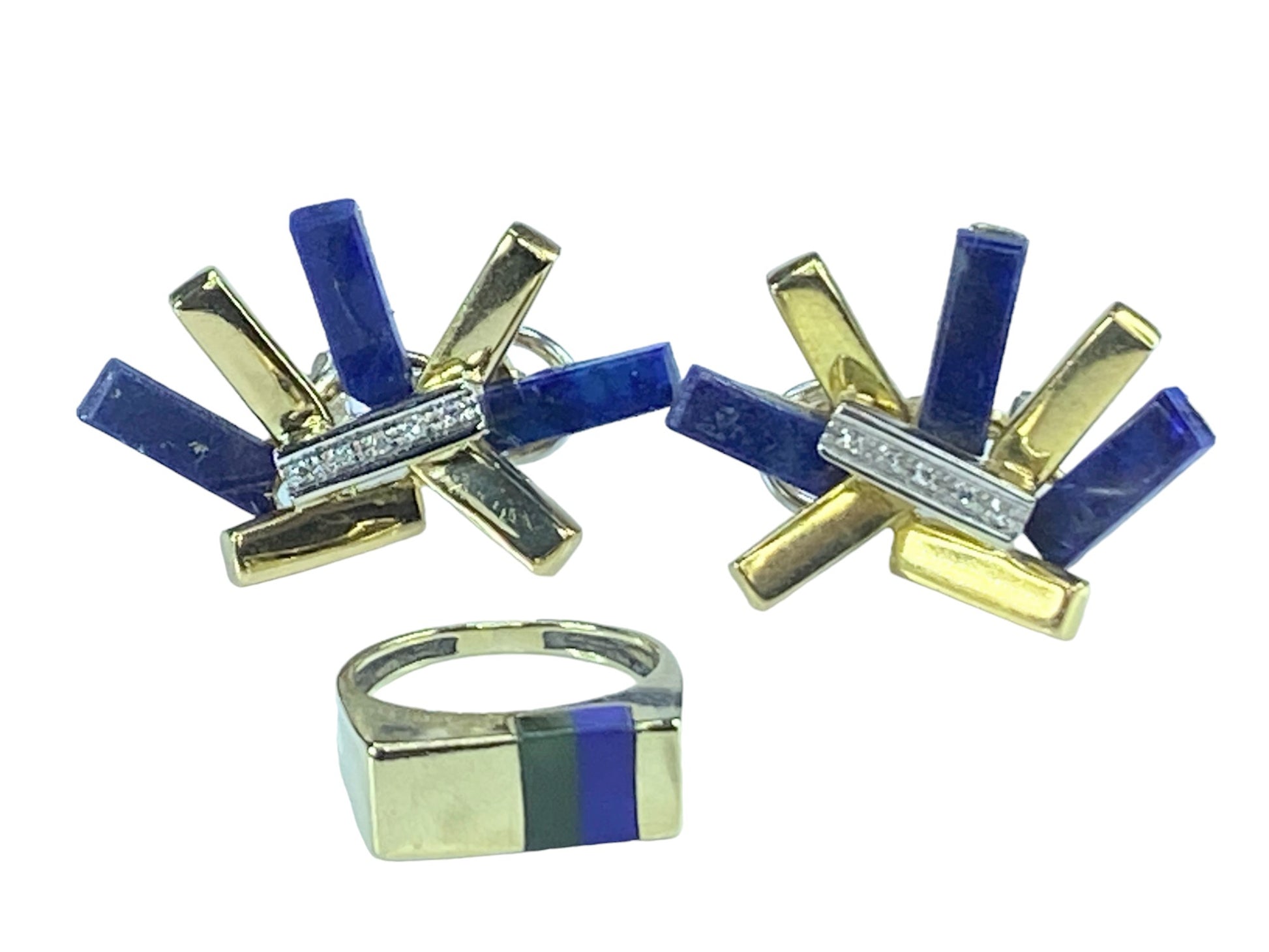 Modernist 18k 14K abstract design Diamond Lapis earring ring set