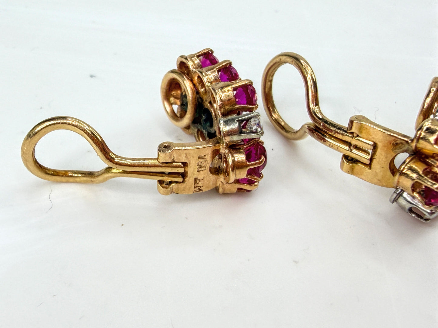 c50's 18K Gold Ruby & Diamond Cluster Earrings Omega Backs 5.9g 16.8mm JR1991
