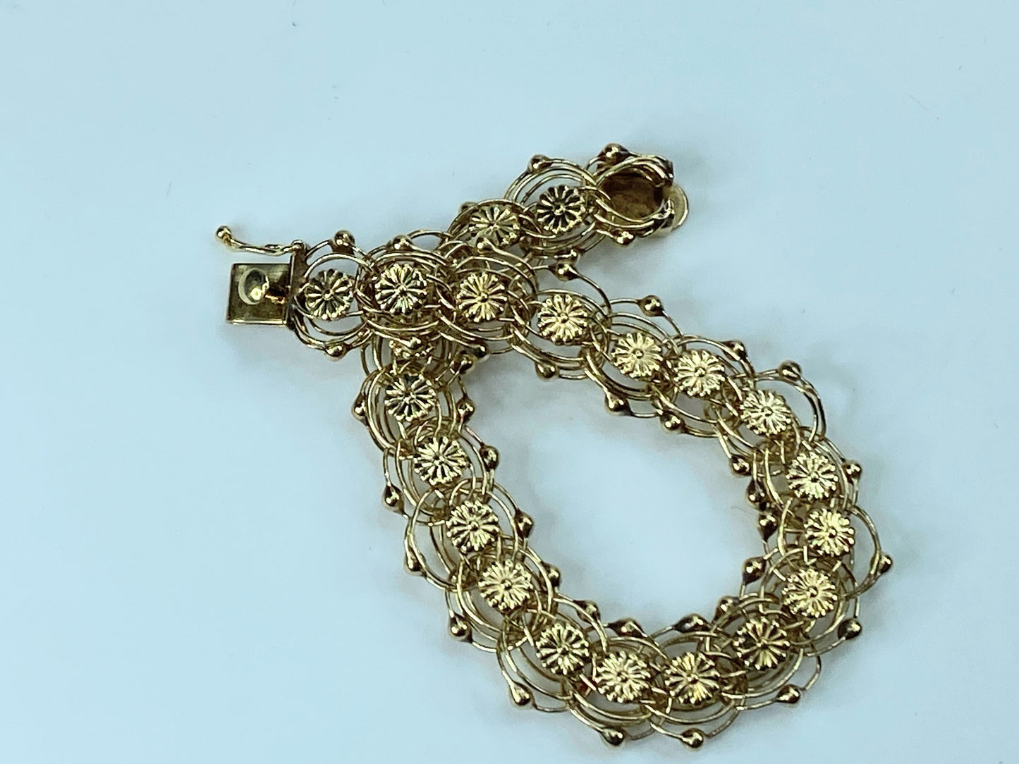 14K yellow gold Quintuple links flower gold bead bracelet 7" 17.2g JR139