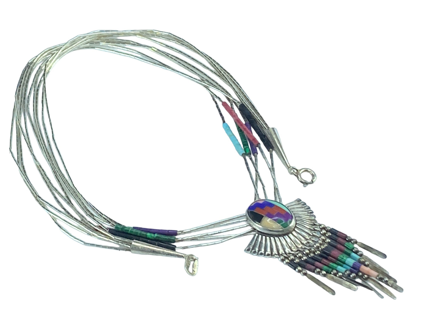 ZUNI Sterling Silver Natural stone Inlaid Liquid Silver 5 Strand Necklace