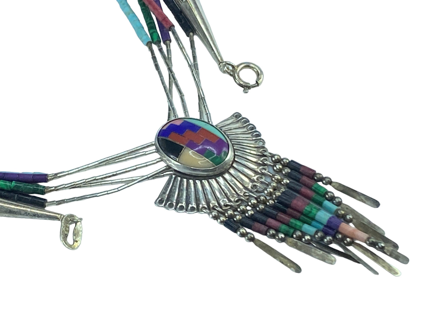 ZUNI Sterling Silver Natural stone Inlaid Liquid Silver 5 Strand Necklace