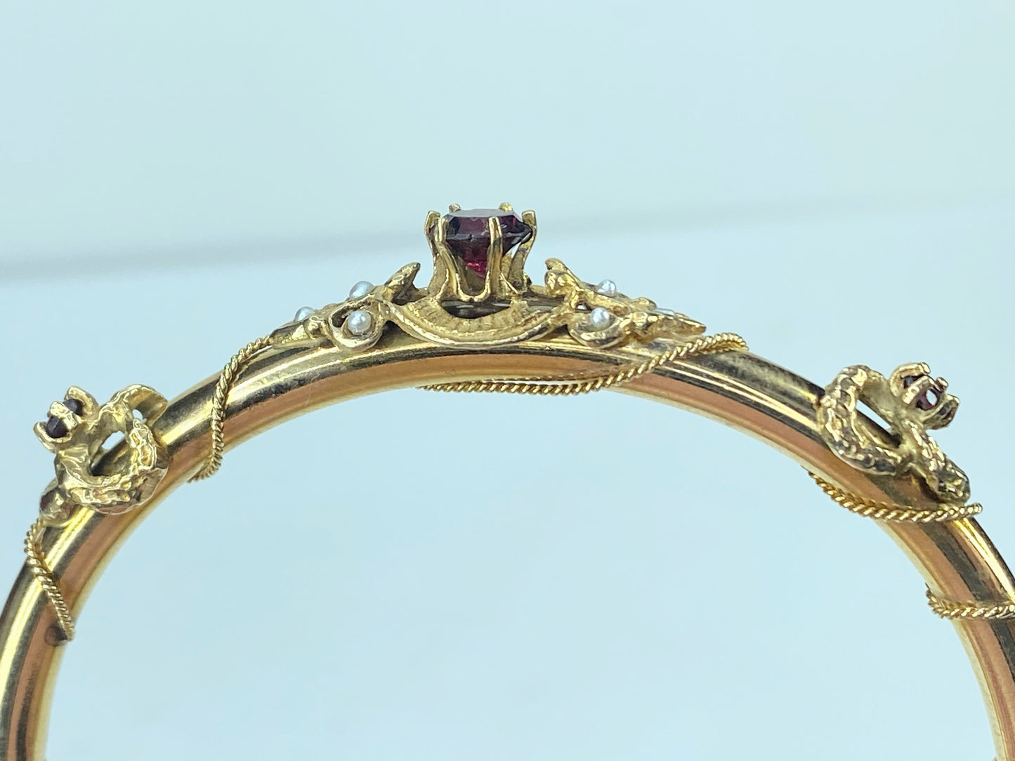 Victorian 14k Gold Garnet & Seed Pearl Hinged Tube Bangle Bracelet JR9575