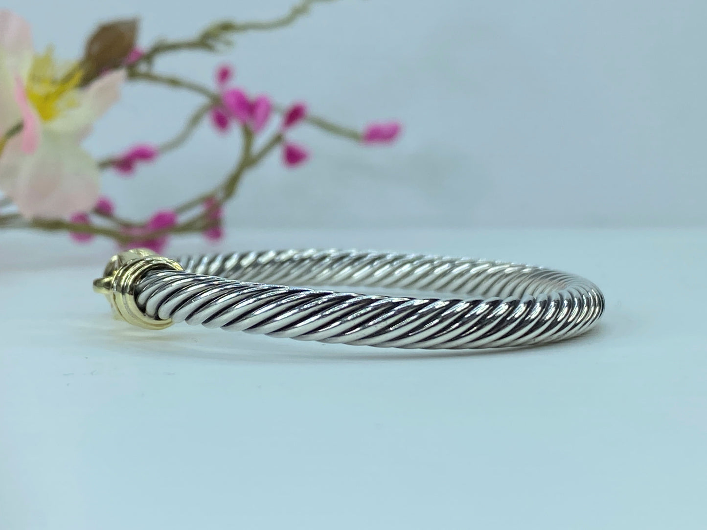 David Yurman Sterling / 18K Pave Diamond Buckle 5.1mm Cable Bracelet s6.25 JR144