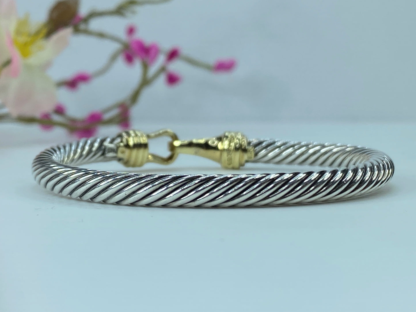 David Yurman Sterling / 18K Pave Diamond Buckle 5.1mm Cable Bracelet s6.25 JR144