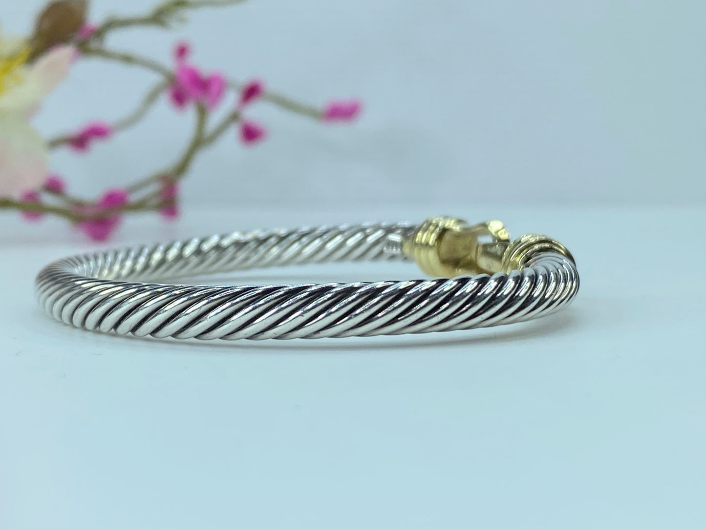 David Yurman Sterling / 18K Pave Diamond Buckle 5.1mm Cable Bracelet s6.25 JR144