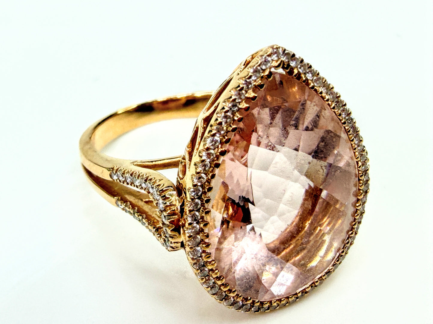 18K Gold 9.5ct Pear cut Morganite Diamond Halo Statement Ring 6.7g s7 JR1997