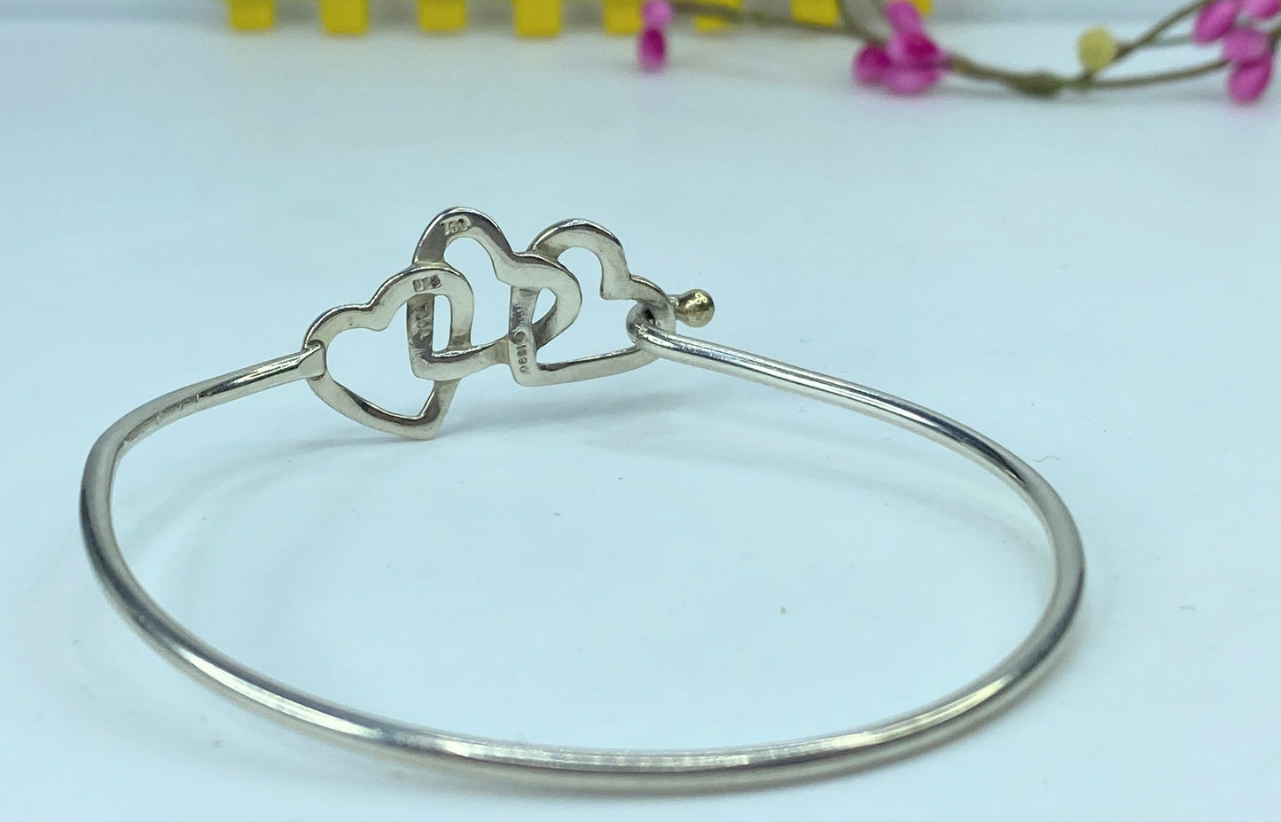 Tiffany & Co. 18k sterling silver Triple Heart eye hook bangle 7.0" JR708