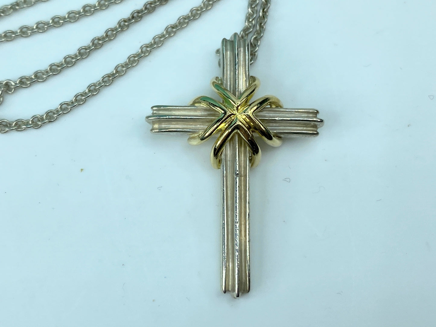 Tiffany & Co Cross Necklace Sterling Silver 18K Gold Pendant necklace 18" JR720