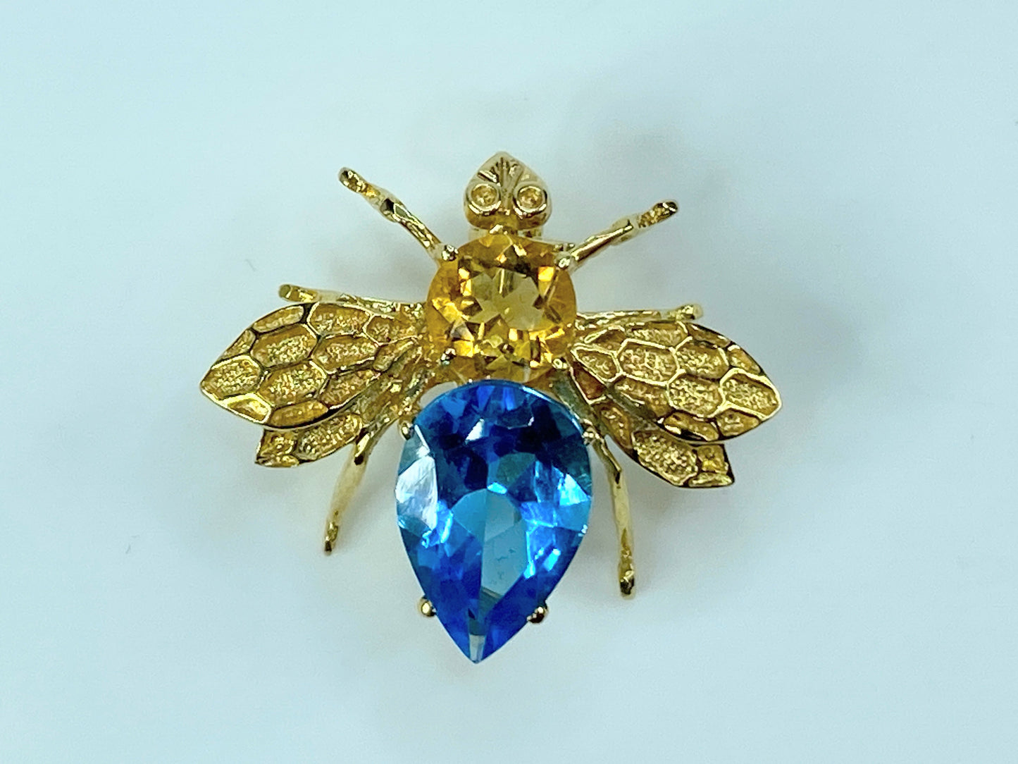 Vintage Retro Era 14KT Yellow Gold Golden Citrine Blue Topaz Lapel Fly Pin JR96