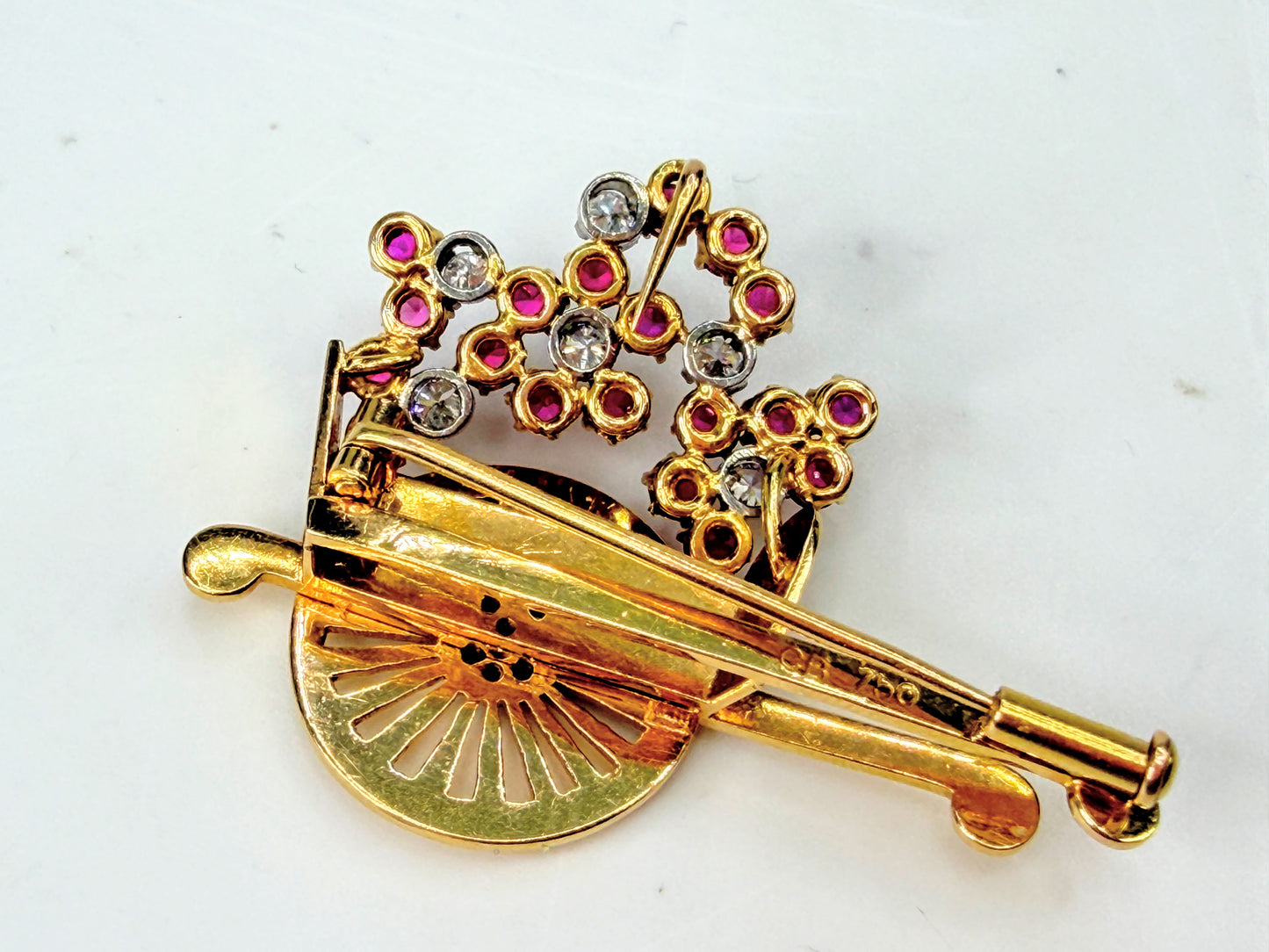 Early 20th Century 18K Gold Ruby Diamond Wheelbarrow Brooch 1.69ct 10.5g JR2001