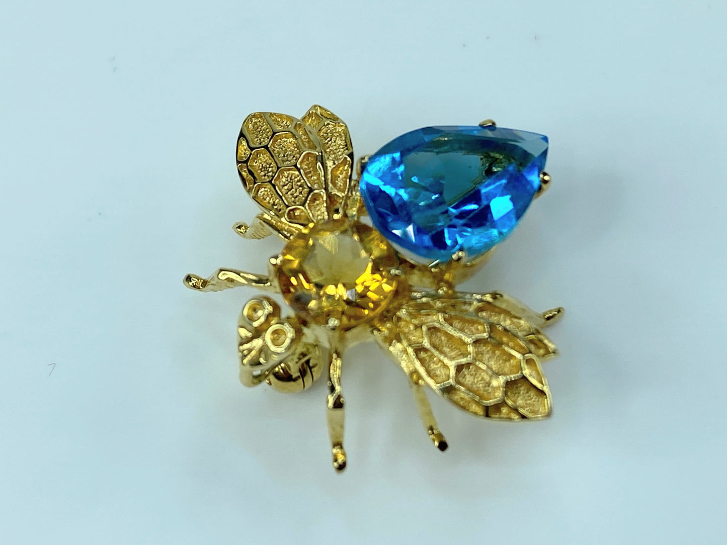 Vintage Retro Era 14KT Yellow Gold Golden Citrine Blue Topaz Lapel Fly Pin JR96