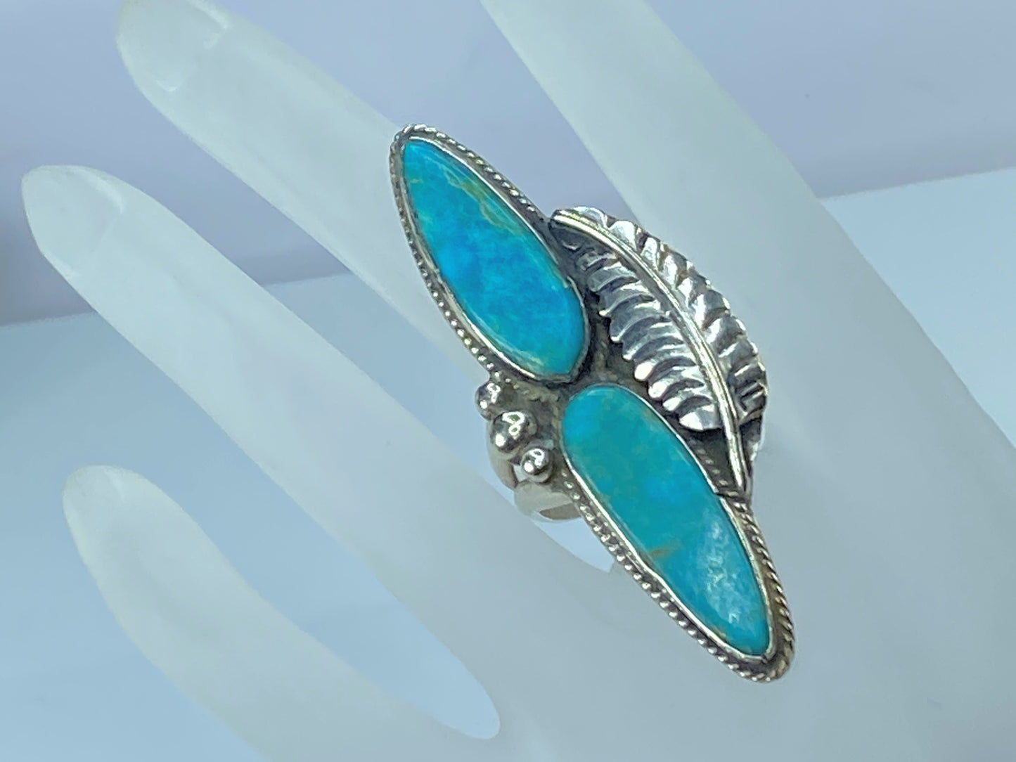 Double Oblong Blue Turquoise rope trim Feather finger runner ring