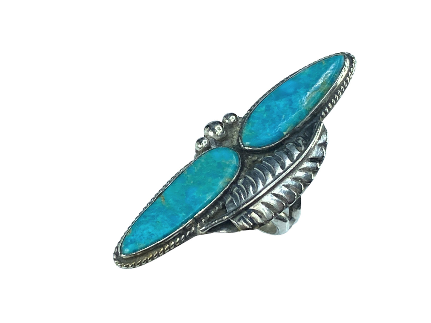 Double Oblong Blue Turquoise rope trim Feather finger runner ring
