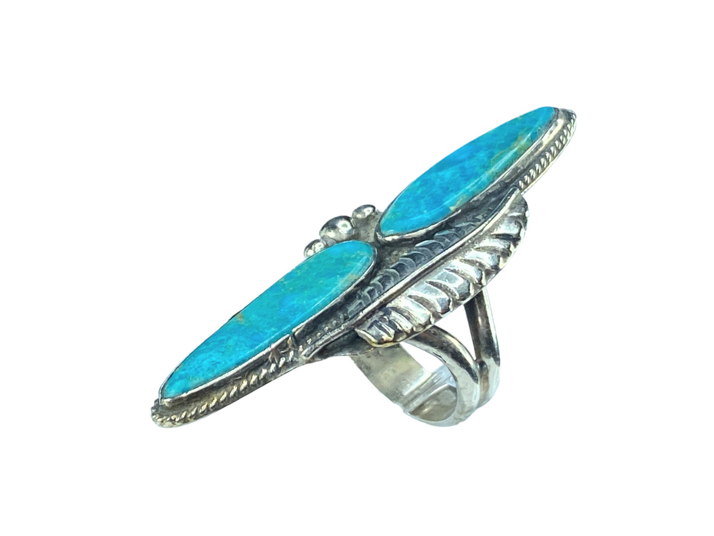 Double Oblong Blue Turquoise rope trim Feather finger runner ring