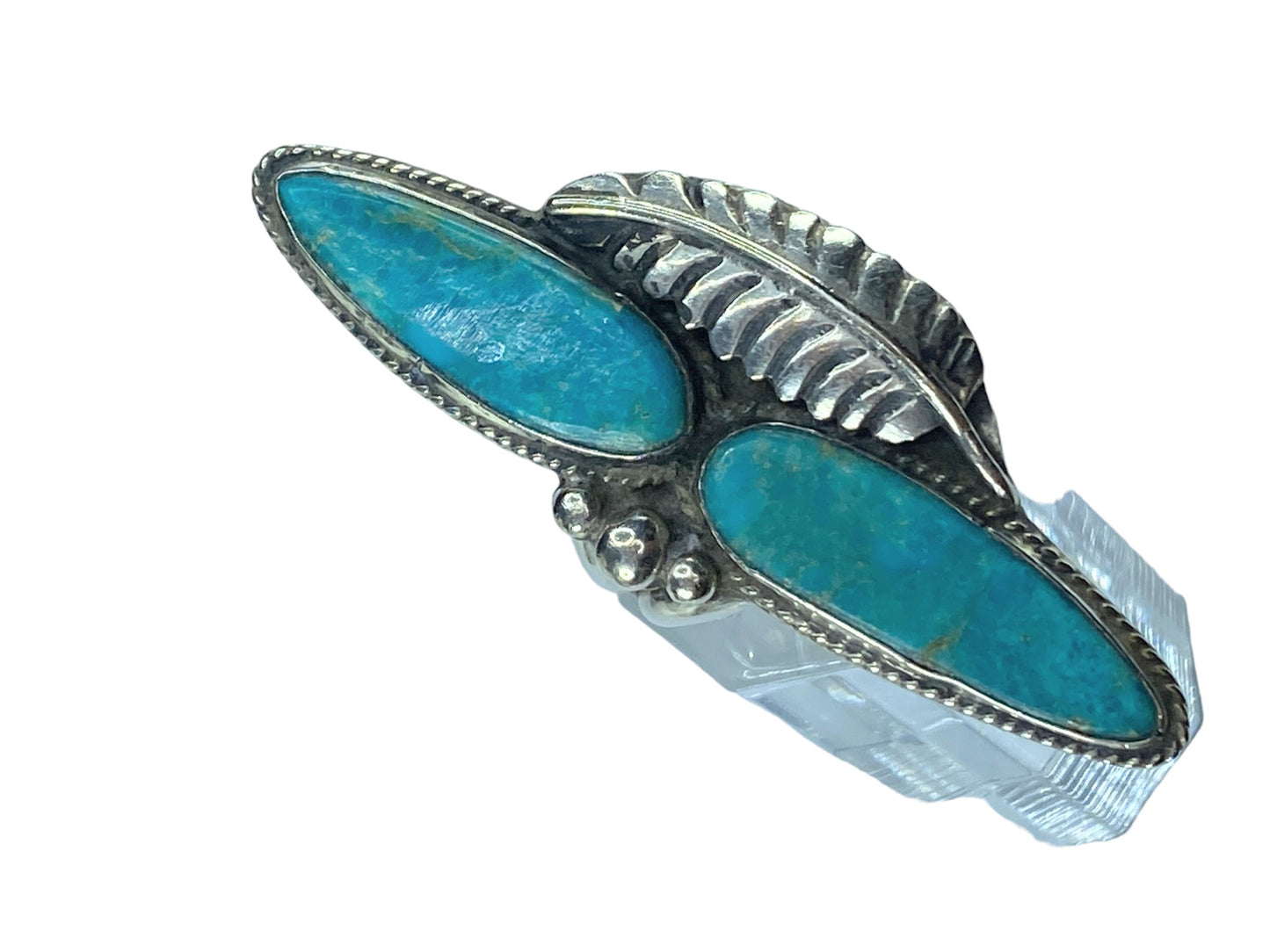 Double Oblong Blue Turquoise rope trim Feather finger runner ring