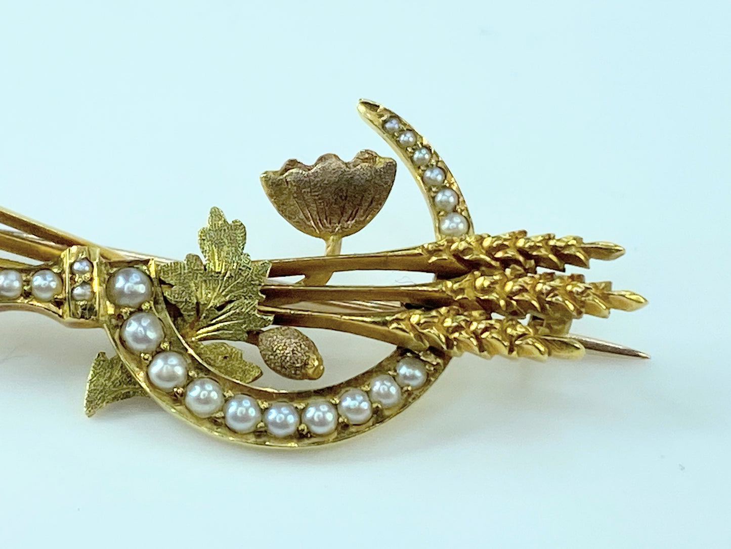 Early 20th century 10K good Seed pearls Sickle & Wheat Foliate brooch 6.4g JR107