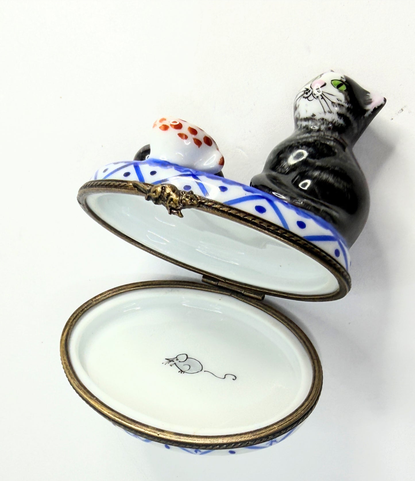 Peint Main Limoges Cat & Kitten Trinket Box Mouse Clasp Hand Painted A763