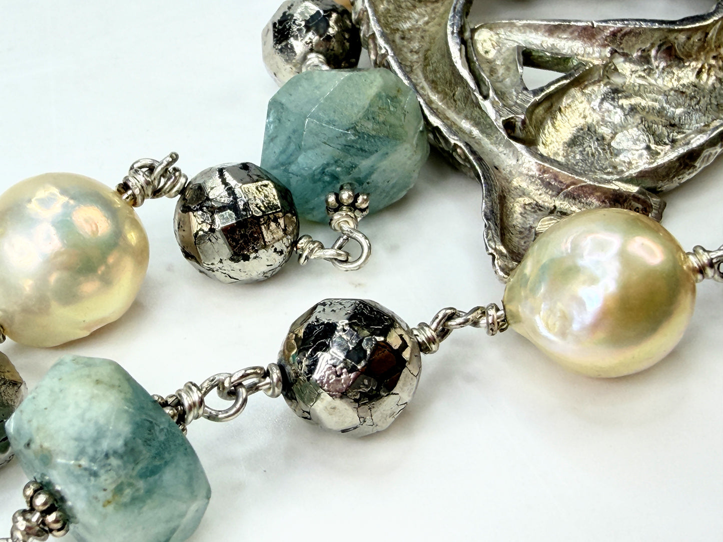 Mid-Century Handmade Sterling Mermaid Baroque Quartz Pearl Necklace 111g JR1946
