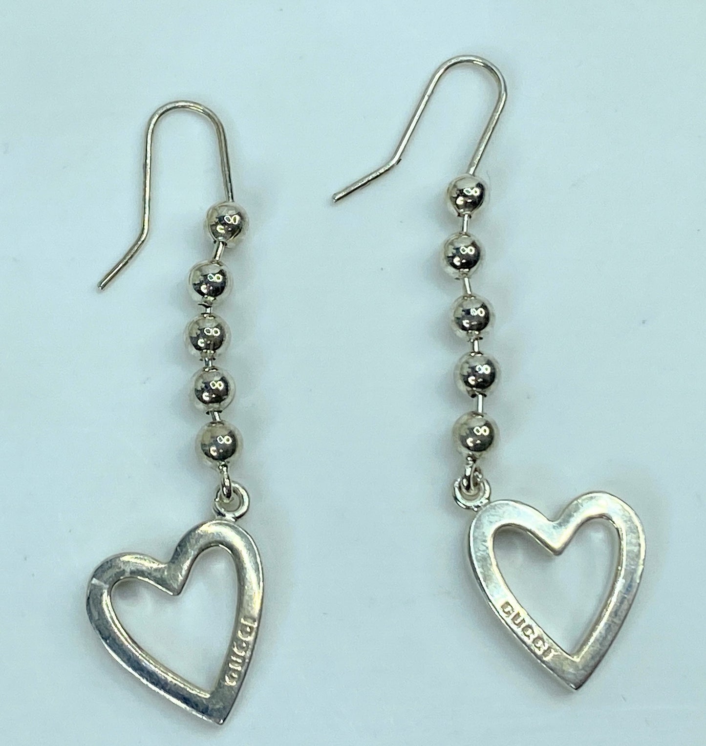 Gucci GUCCI Sterling Silver Drop Open Heart Ball chain Earrings 2 1/8" JR758