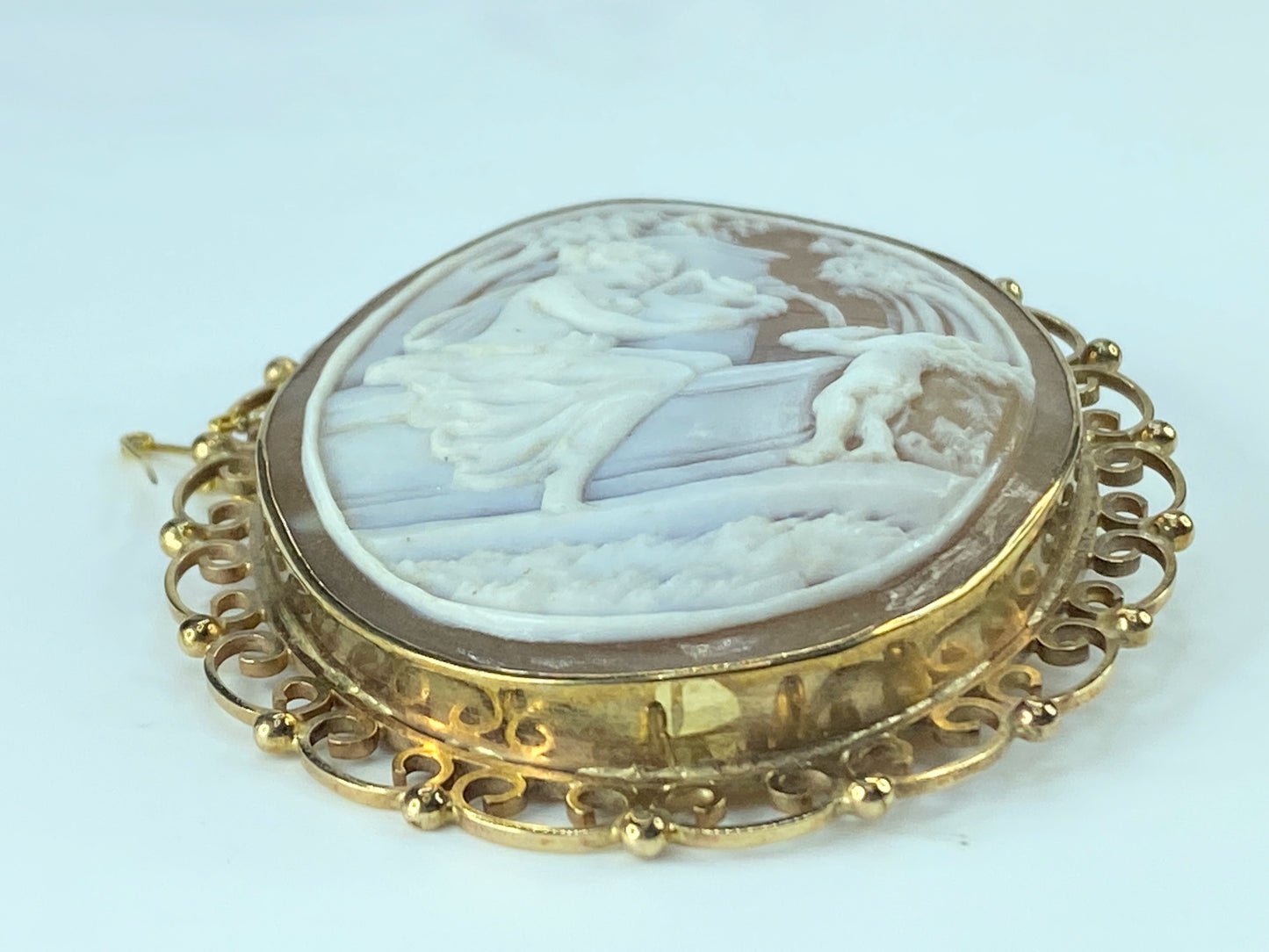 Victorian carved Shell Goddess Tethys pouring water w/Angel Brooch 9K JR122