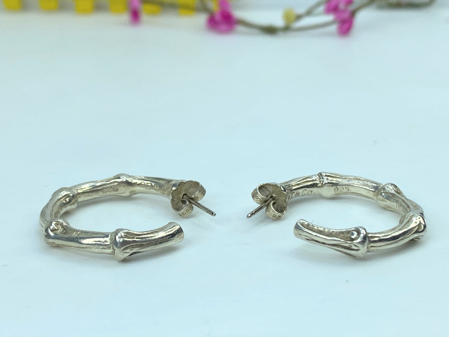 Tiffany & Co Sterling Silver textured Bamboo Earrings Hoops 1 1/8" JR750