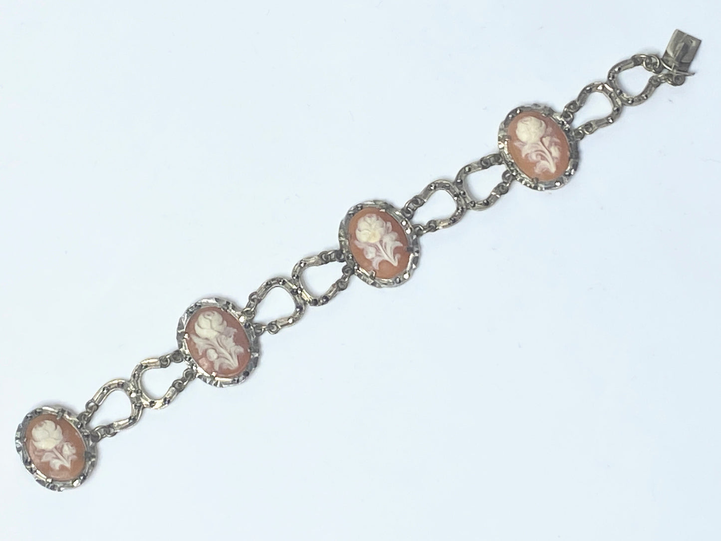 Rare European silver 900 FLoral Cameo marcasite panel Horseshoe bracelet JR133
