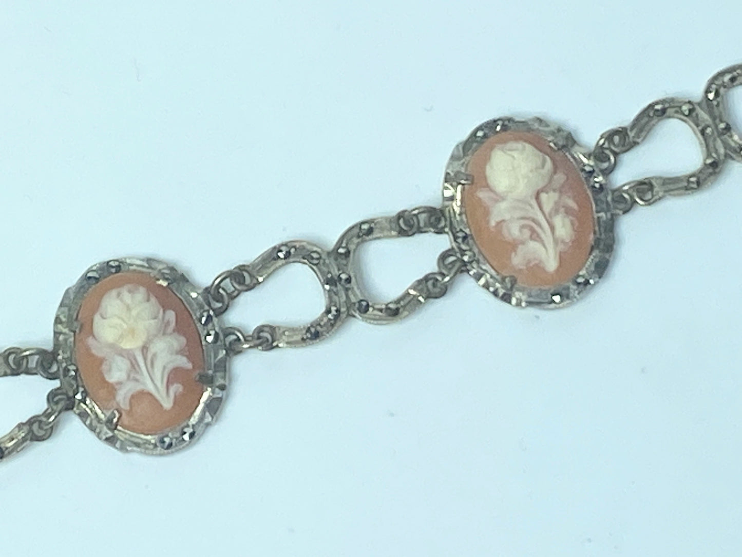 Rare European silver 900 FLoral Cameo marcasite panel Horseshoe bracelet JR133