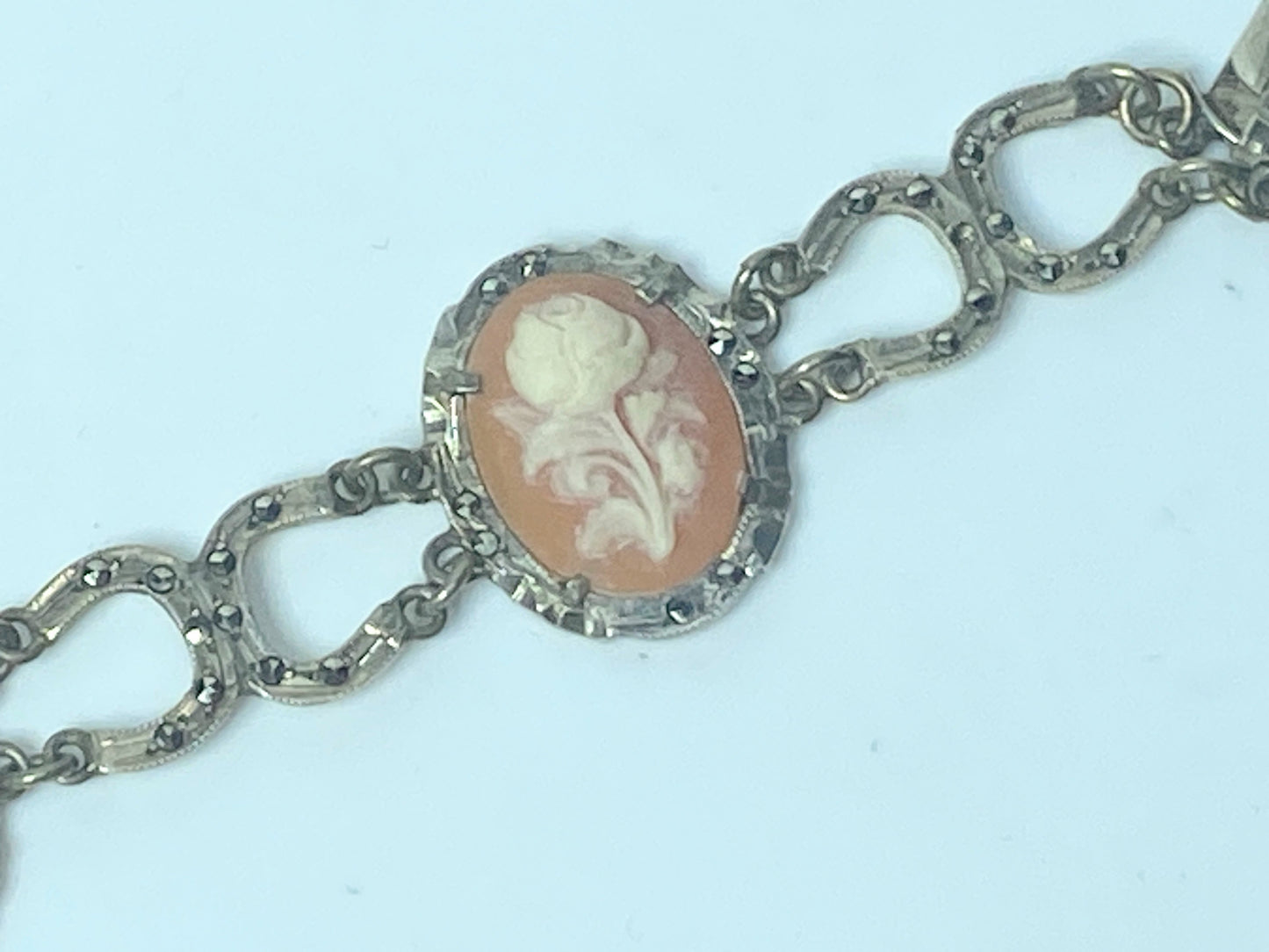Rare European silver 900 FLoral Cameo marcasite panel Horseshoe bracelet JR133