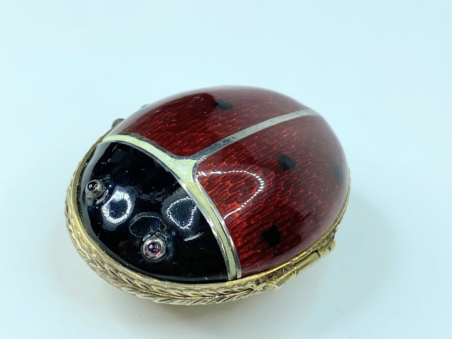 Sterling Enamel Tourmaline eyes Lady Bug gold wash locket pill box 2 7/8" SS88